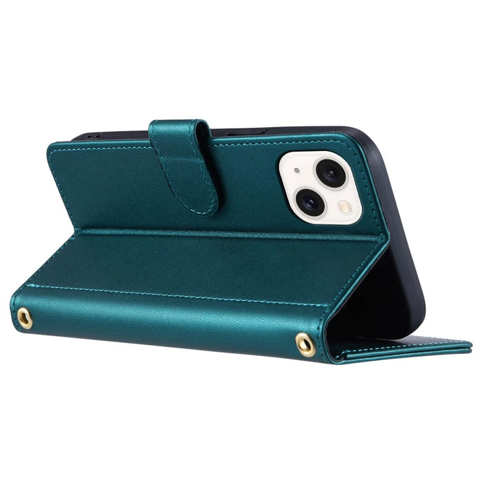 For iPhone 14 Plus Leather Stand Case Rhombus Grid Wallet Phone Cover - Green - 3