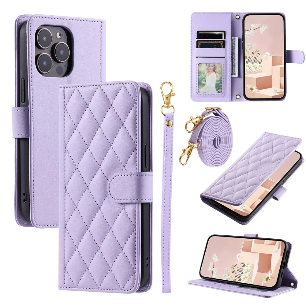 For iPhone 15 Pro Max Leather Case with Shoulder Strap Wallet Stand Phone Cover - Purple - 1