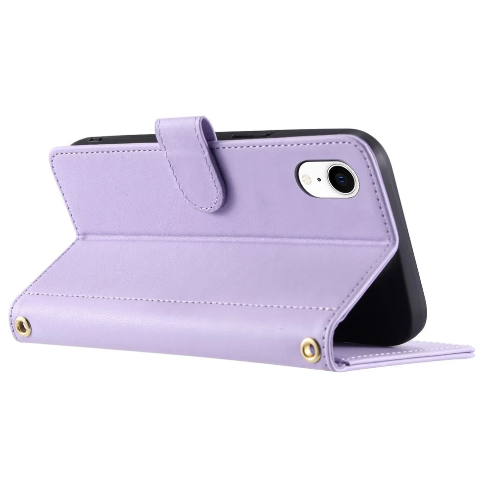 For iPhone XR Leather Case Rhombus Grid Flip Wallet Phone Cover with Straps - Purple - 3