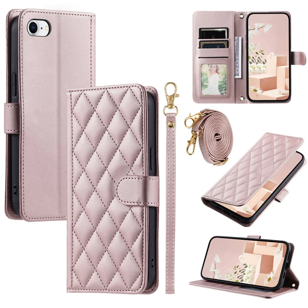 For iPhone 6 / 6s / 7 / 8 / SE (2020) / SE (2022) Case PU Leather Wallet Cover with 2 Straps - Rose Gold - 1