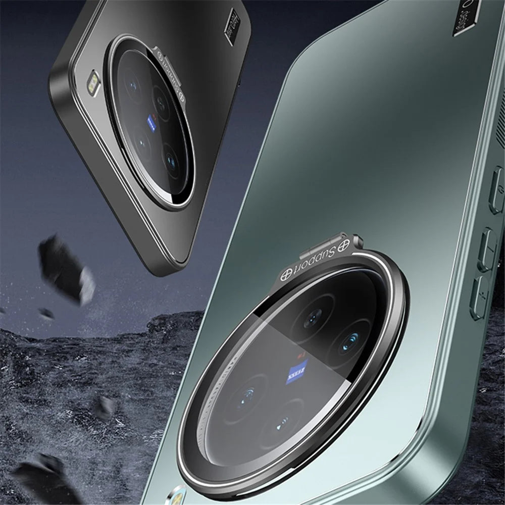 For vivo X100 5G Slim-Fit Case TPU+PC Phone Cover Zinc Alloy Kickstand Phone Shell - Black - 6