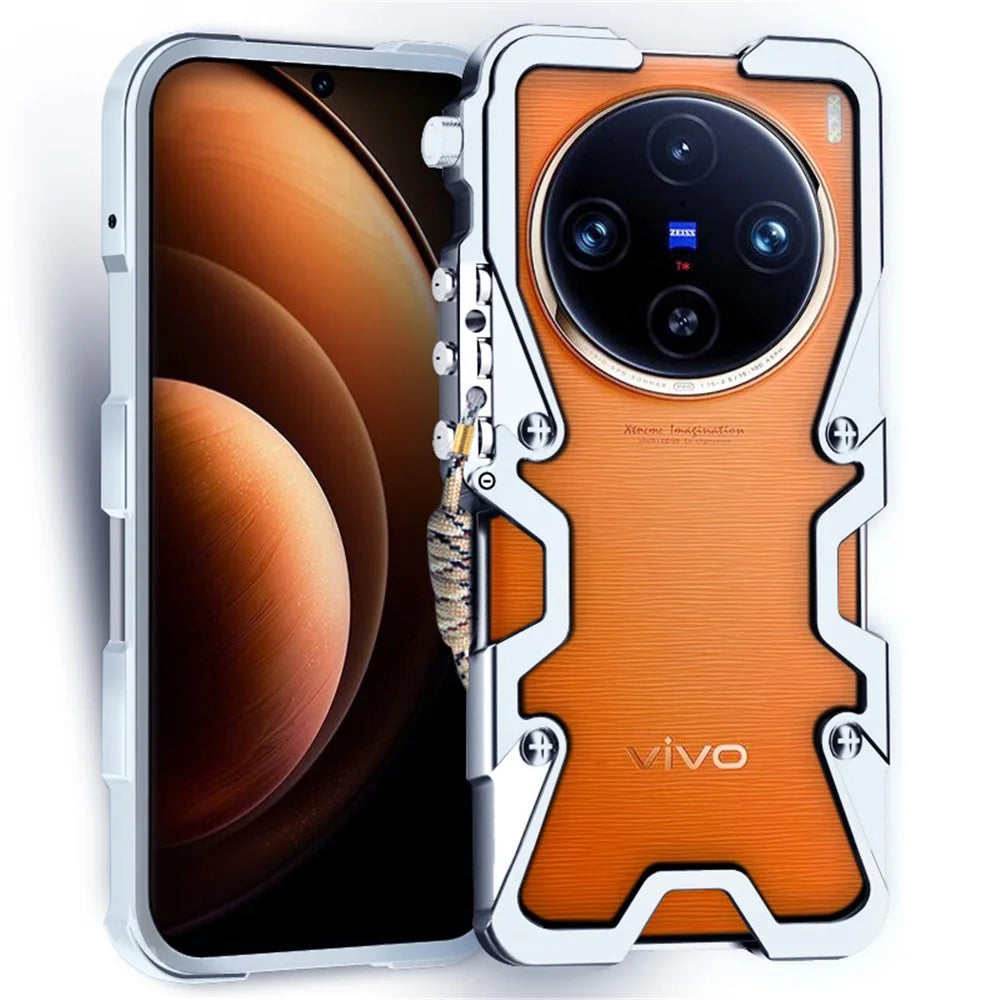 For vivo X100 5G / X80 5G / X80 Pro 5G / X90 5G / X90s 5G Case Scratch Resistant Aluminium Alloy Cell Phone Cover with Strap - Silver - 1