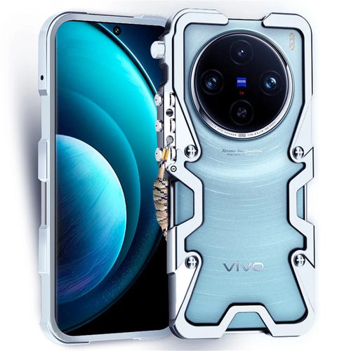 For vivo X100 Pro 5G Case Aluminium Alloy Anti-drop Phone Cover with Strap - Silver - 1