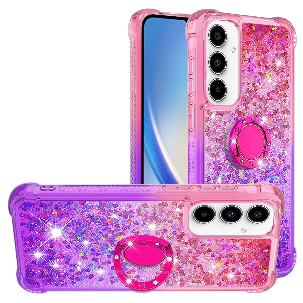 For Samsung Galaxy A35 5G TPU Case with Kickstand Gradiant Quicksand Shockproof Cover - Pink+Purple - 1