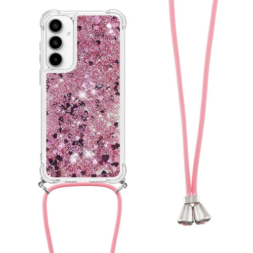 For Samsung Galaxy A35 5G TPU Case Quicksand Design Phone Cover with Lanyard - Rose Gold / Hearts - 1