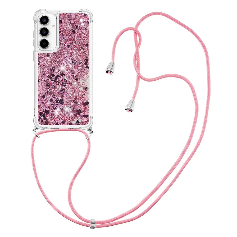 For Samsung Galaxy A35 5G TPU Case Quicksand Design Phone Cover with Lanyard - Rose Gold / Hearts - 2