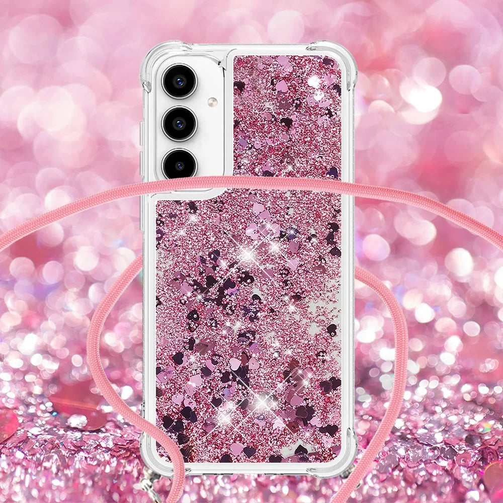 For Samsung Galaxy A35 5G TPU Case Quicksand Design Phone Cover with Lanyard - Rose Gold / Hearts - 4