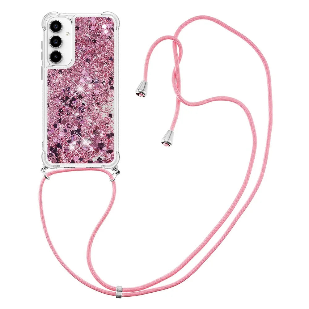 For Samsung Galaxy A55 5G TPU Case Quicksand Design Phone Cover with Lanyard - Rose Gold / Hearts - 2