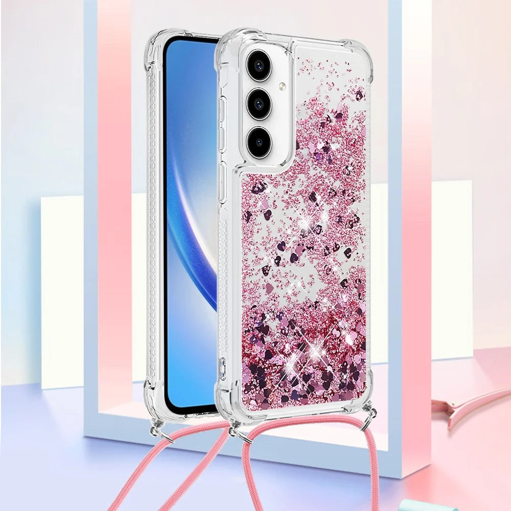 For Samsung Galaxy A55 5G TPU Case Quicksand Design Phone Cover with Lanyard - Rose Gold / Hearts - 3
