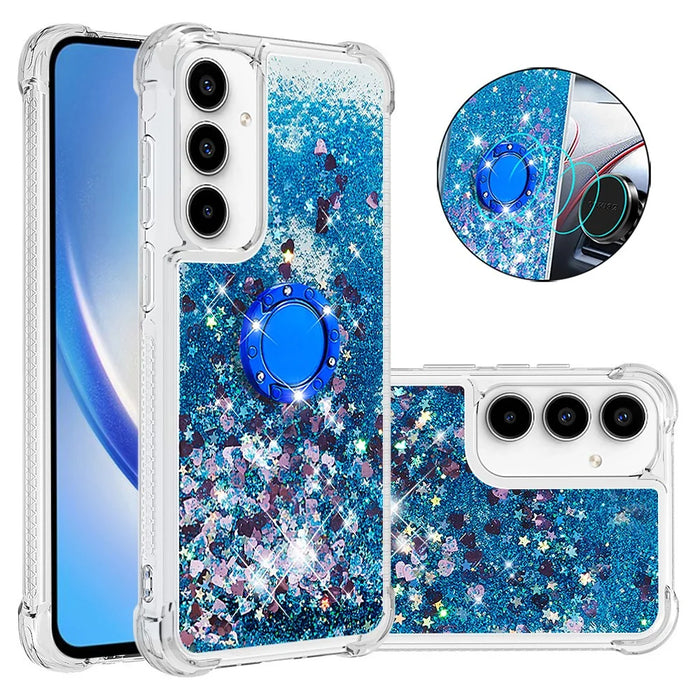 For Samsung Galaxy A55 5G TPU Case with Kickstand Quicksand Shockproof Cover - Blue / Hearts - 1