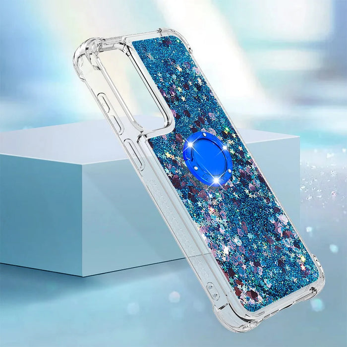 For Samsung Galaxy A55 5G TPU Case with Kickstand Quicksand Shockproof Cover - Blue / Hearts - 6