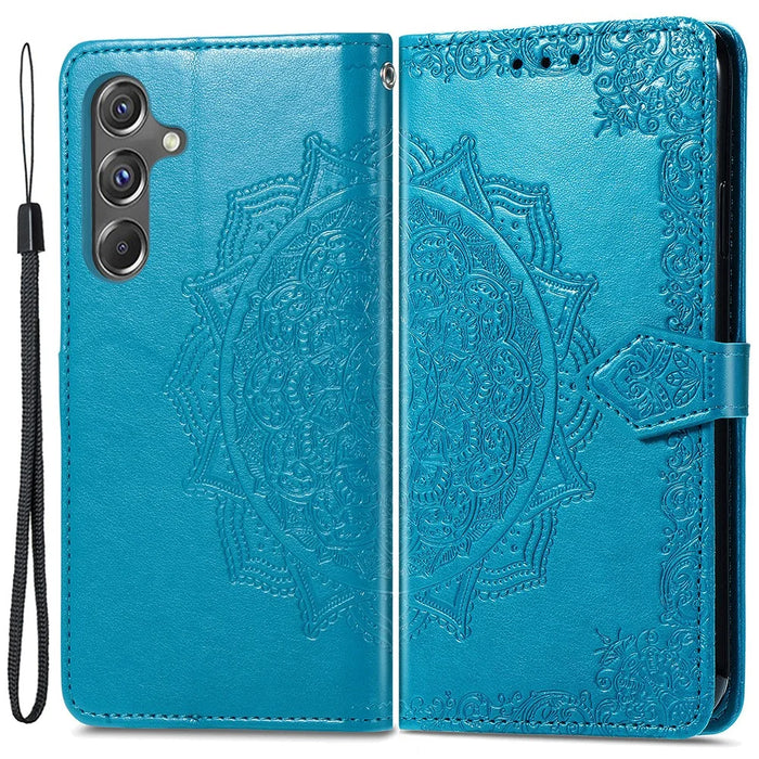 For Samsung Galaxy A15 4G /  A15 5G Case Leather Embossed Mandala Pattern Phone Cover - Blue - 1