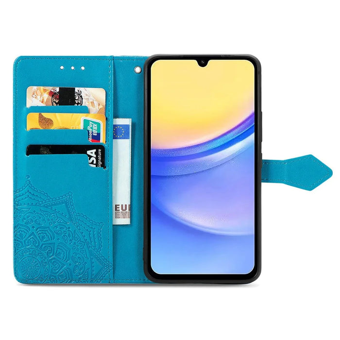 For Samsung Galaxy A15 4G /  A15 5G Case Leather Embossed Mandala Pattern Phone Cover - Blue - 2