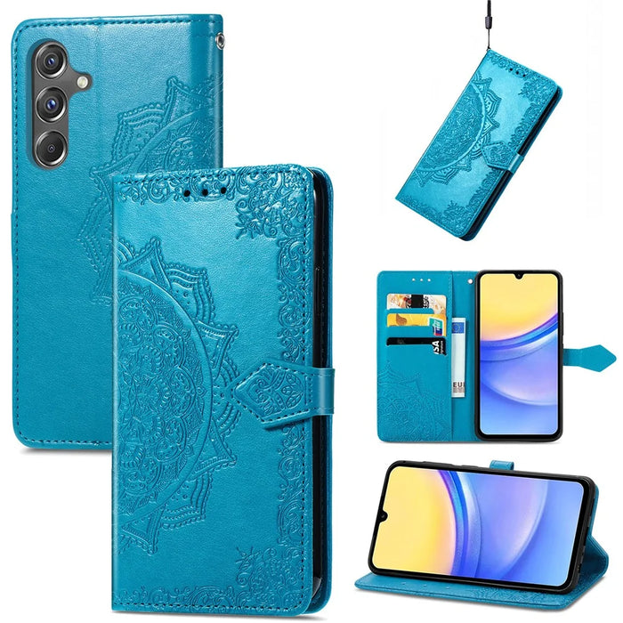 For Samsung Galaxy A15 4G /  A15 5G Case Leather Embossed Mandala Pattern Phone Cover - Blue - 4