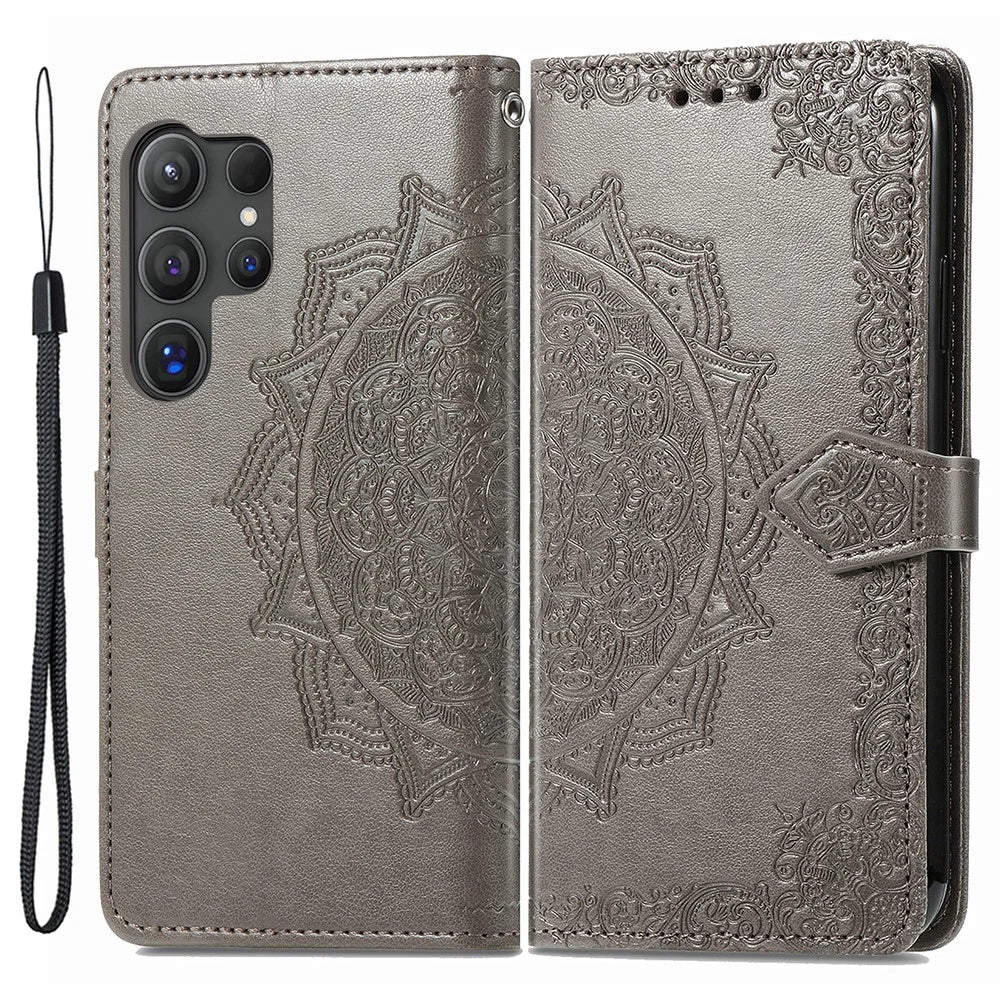 For Samsung Galaxy S24 Ultra Case Wallet Leather Cover Embossed Mandala Pattern - Grey - 1