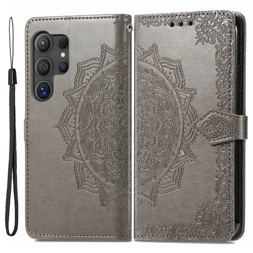 For Samsung Galaxy S24 Ultra Case Wallet Leather Cover Embossed Mandala Pattern - Grey - 1
