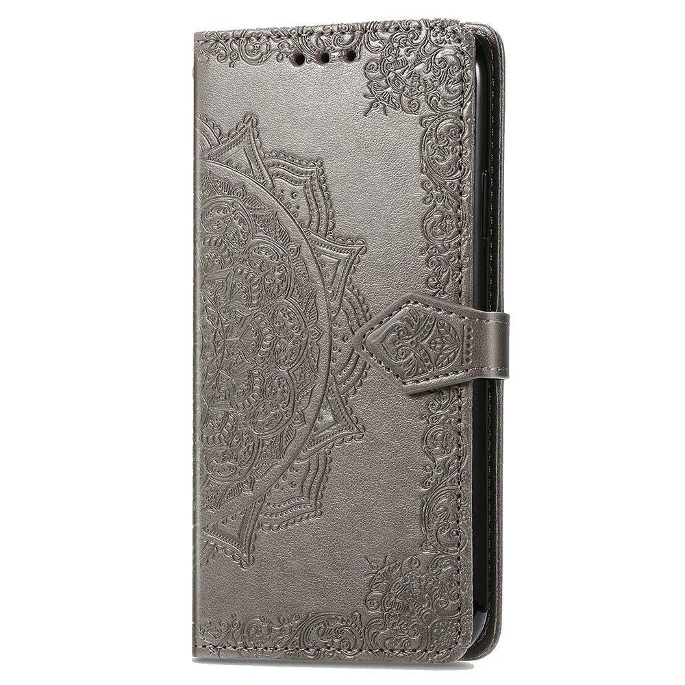 For Samsung Galaxy S24 Ultra Case Wallet Leather Cover Embossed Mandala Pattern - Grey - 5