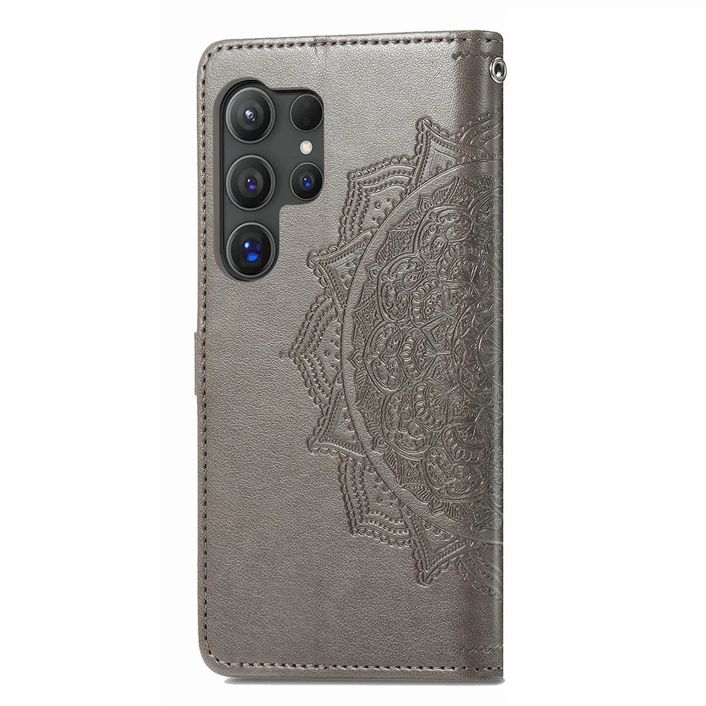 For Samsung Galaxy S24 Ultra Case Wallet Leather Cover Embossed Mandala Pattern - Grey - 6