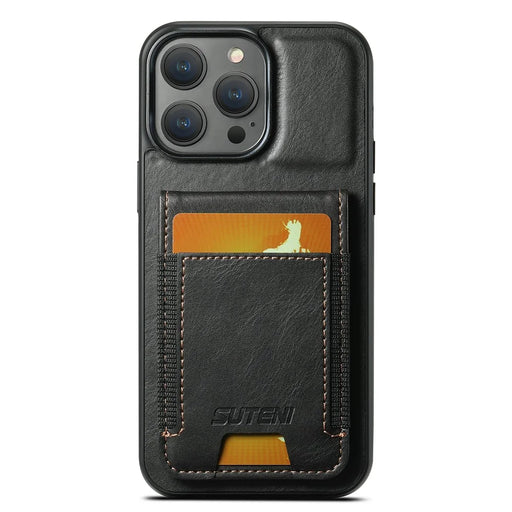 SUTENI H03 For iPhone 13 Pro Phone Cover PU Leather Kickstand Card Slots Case - Black - 2