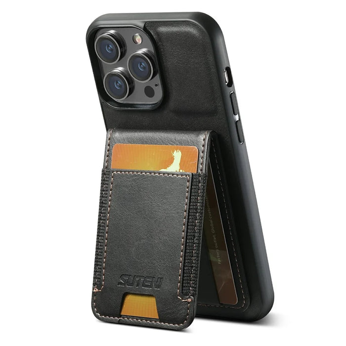 SUTENI H03 For iPhone 12 Pro Max Case Waxy Texture Card Holder Phone Cover - Black - 1