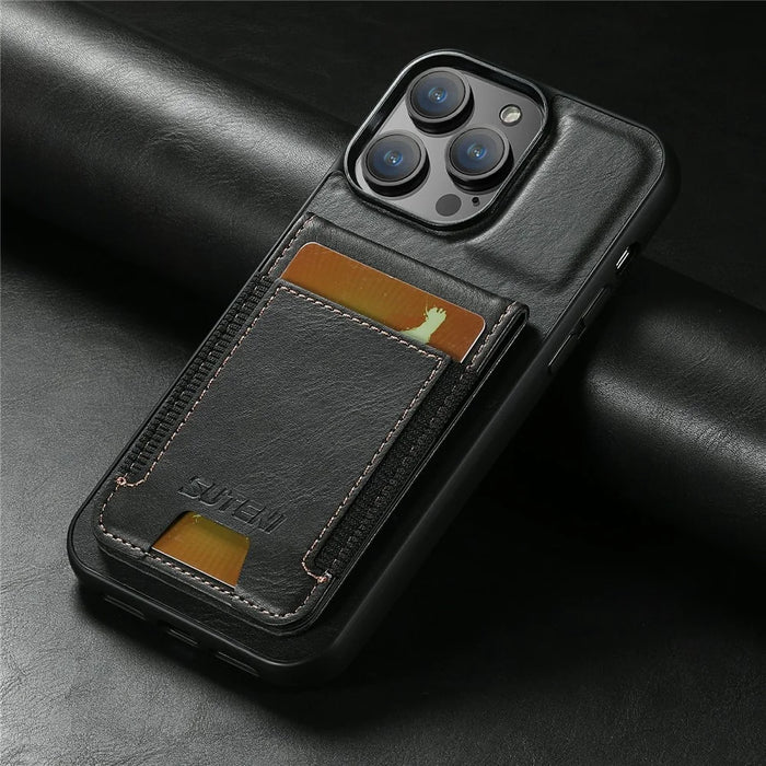 SUTENI H03 For iPhone 12 Pro Max Case Waxy Texture Card Holder Phone Cover - Black - 7
