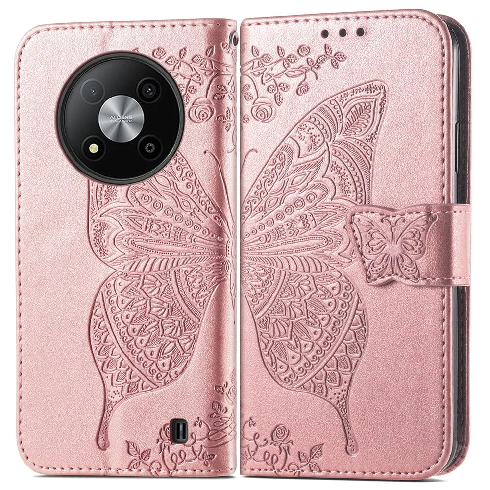 For ZTE Blade A73 5G Case Butterfly Pattern Phone Wallet Cover with Wrist Strap - Rose Gold - 1