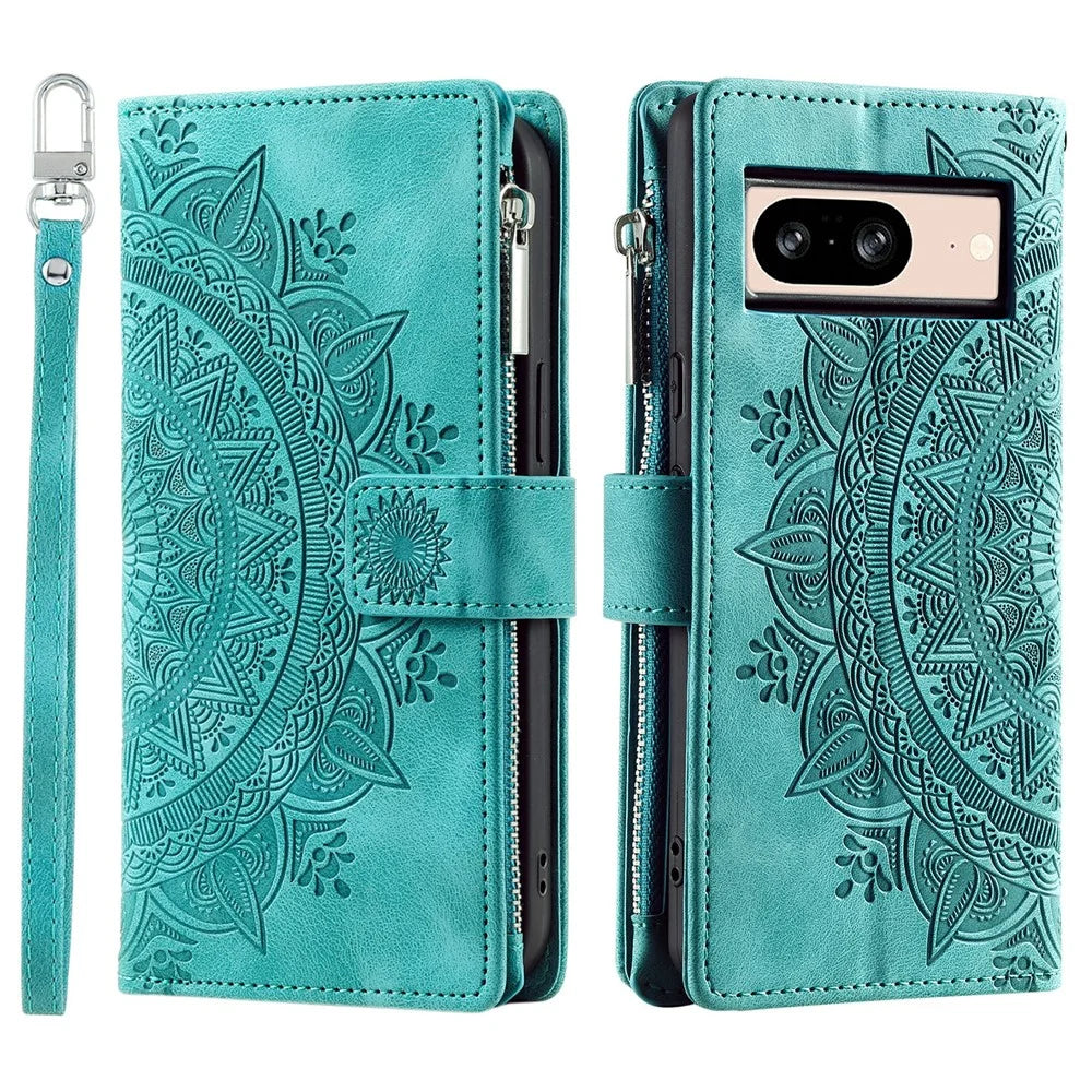 For Google Pixel 9 / Pixel 9 Pro PU Leather Case Mandala Flower Pattern Phone Cover Wallet - Green - 1