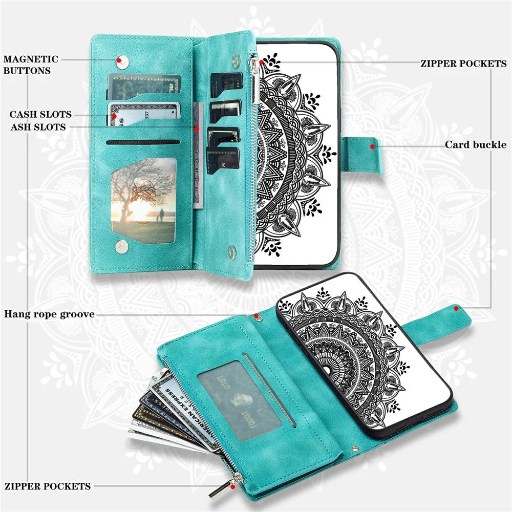 For Google Pixel 9 / Pixel 9 Pro PU Leather Case Mandala Flower Pattern Phone Cover Wallet - Green - 4