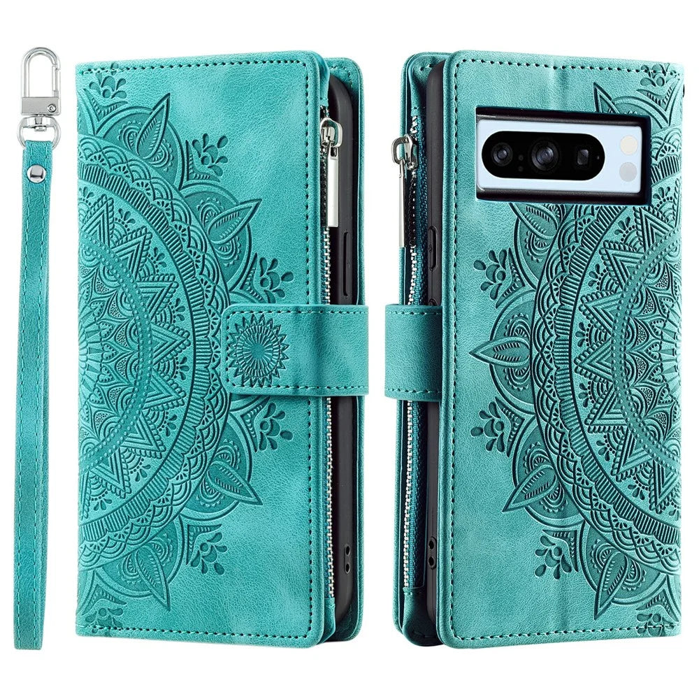 For Google Pixel 9 Pro XL Wallet Case PU Leather Wrist Strap Stand Feature Phone Cover - Green - 1