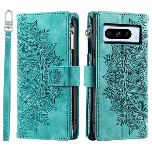 For Google Pixel 9 Pro XL Wallet Case PU Leather Wrist Strap Stand Feature Phone Cover - Green - 1