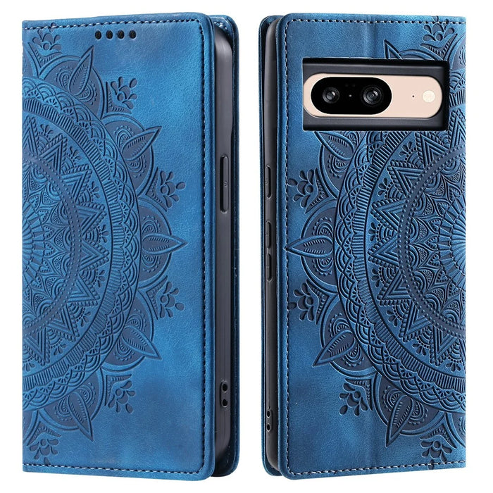 For Google Pixel 9 / Pixel 9 Pro Magnetic Phone Case Leather Imprinted Mandala Flower Pattern Cover - Blue - 1