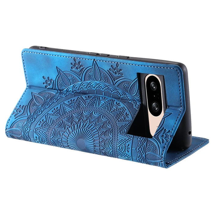 For Google Pixel 9 / Pixel 9 Pro Magnetic Phone Case Leather Imprinted Mandala Flower Pattern Cover - Blue - 5