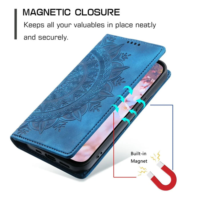For Google Pixel 9 / Pixel 9 Pro Magnetic Phone Case Leather Imprinted Mandala Flower Pattern Cover - Blue - 6