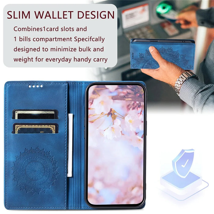 For Google Pixel 9 / Pixel 9 Pro Magnetic Phone Case Leather Imprinted Mandala Flower Pattern Cover - Blue - 7