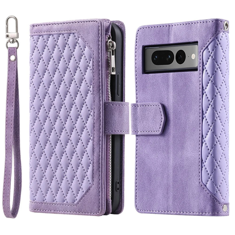 For Google Pixel 9 Pro XL Cell Phone Case Wallet Stand Cover with Rhombus Texture - Purple - 1