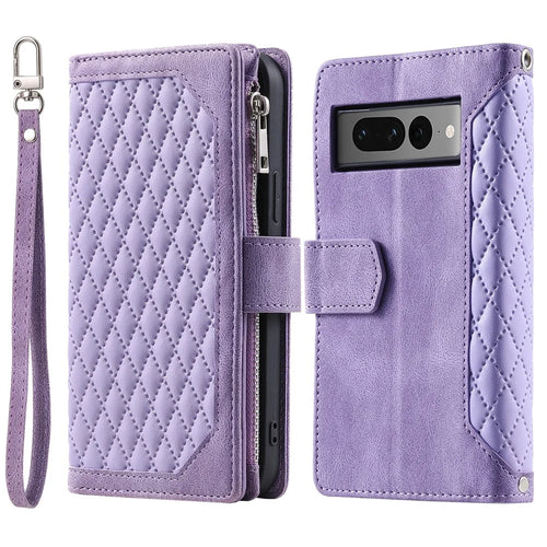 For Google Pixel 9 Pro XL Cell Phone Case Wallet Stand Cover with Rhombus Texture - Purple - 1