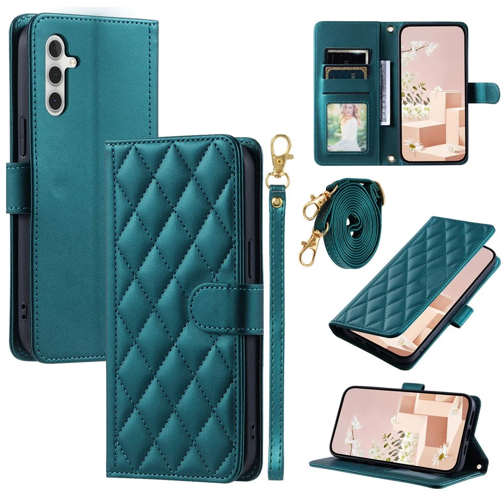 For Samsung Galaxy A35 5G Case Rhombus Pattern Leather Phone Stand Cover - Green - 1