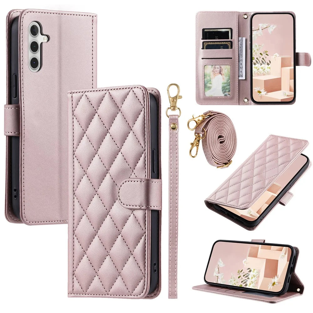For Samsung Galaxy A15 4G / A15 5G Case Crossbody PU Leather Card Slots Phone Cover - Rose Gold - 1