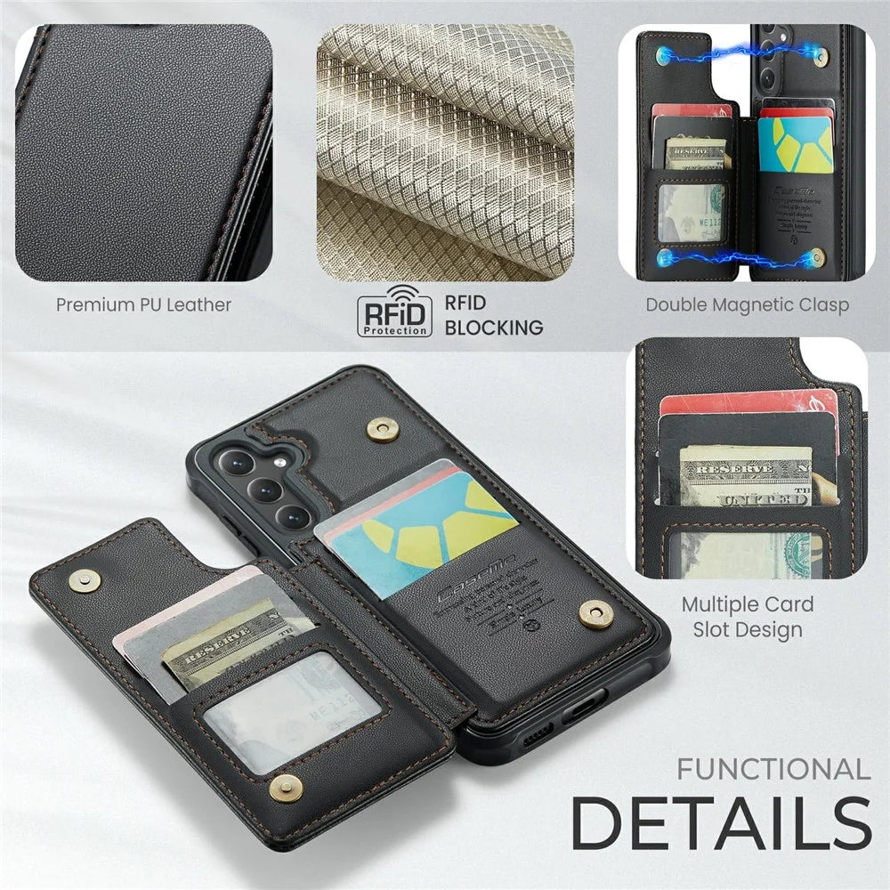 For Samsung Galaxy S24+ Phone Case CASEME C22 Leather Back Cover with RFID Blocking Card Slots - Black - 7