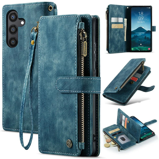 For Samsung Galaxy S24 Phone Cases with Strap CASEME C30 Zipper Multiple Card Holder PU Leather Cover - Blue - 1