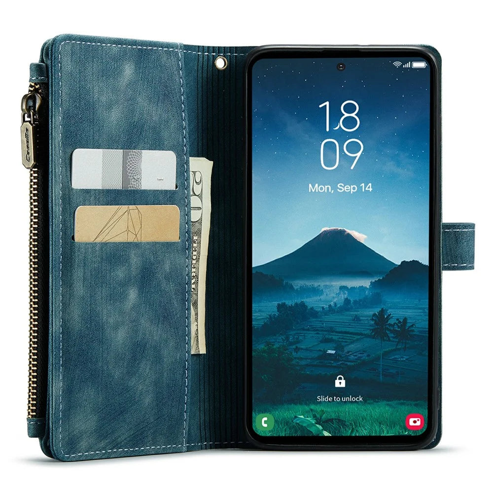 For Samsung Galaxy S24 Phone Cases with Strap CASEME C30 Zipper Multiple Card Holder PU Leather Cover - Blue - 3