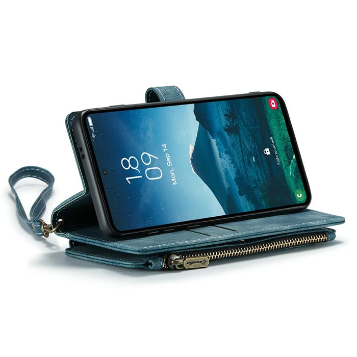 For Samsung Galaxy S24 Phone Cases with Strap CASEME C30 Zipper Multiple Card Holder PU Leather Cover - Blue - 4
