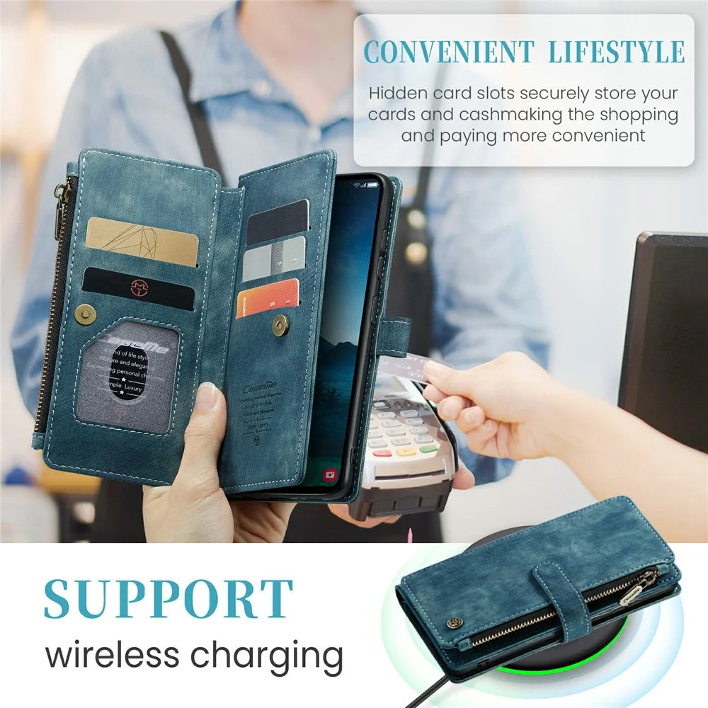 For Samsung Galaxy S24 Phone Cases with Strap CASEME C30 Zipper Multiple Card Holder PU Leather Cover - Blue - 7