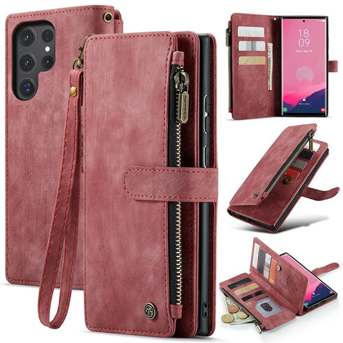 For Samsung Galaxy S24 Ultra Phone Cases with Strap CASEME C30 Zipper Multiple Card Holder PU Leather Cover - Red - 1