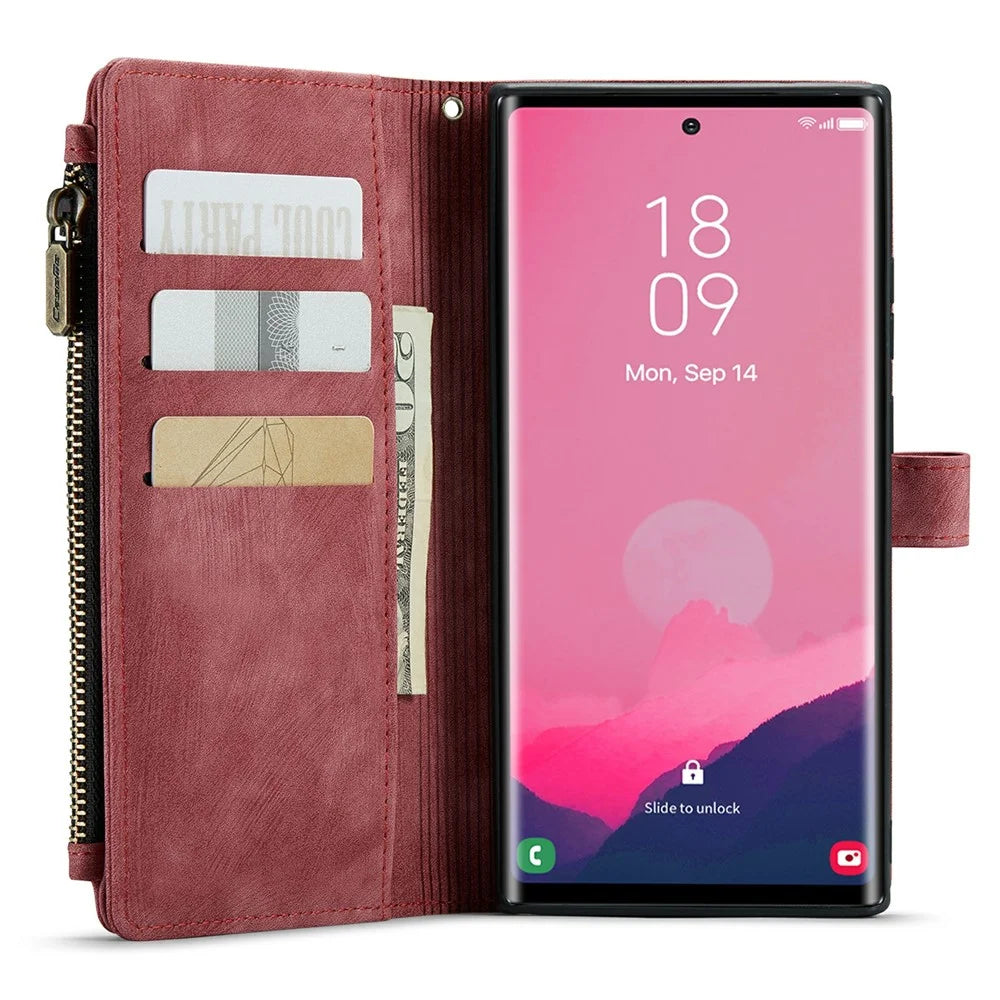 For Samsung Galaxy S24 Ultra Phone Cases with Strap CASEME C30 Zipper Multiple Card Holder PU Leather Cover - Red - 3