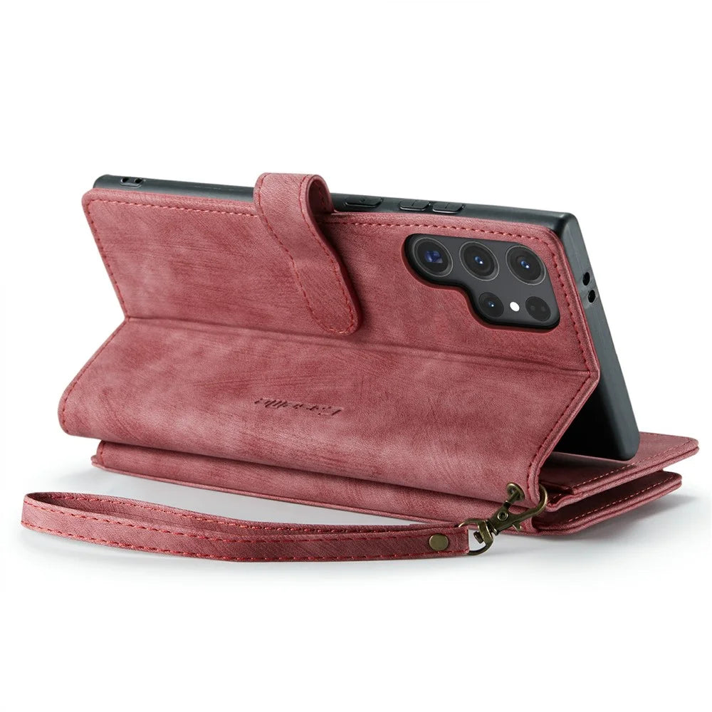 For Samsung Galaxy S24 Ultra Phone Cases with Strap CASEME C30 Zipper Multiple Card Holder PU Leather Cover - Red - 5