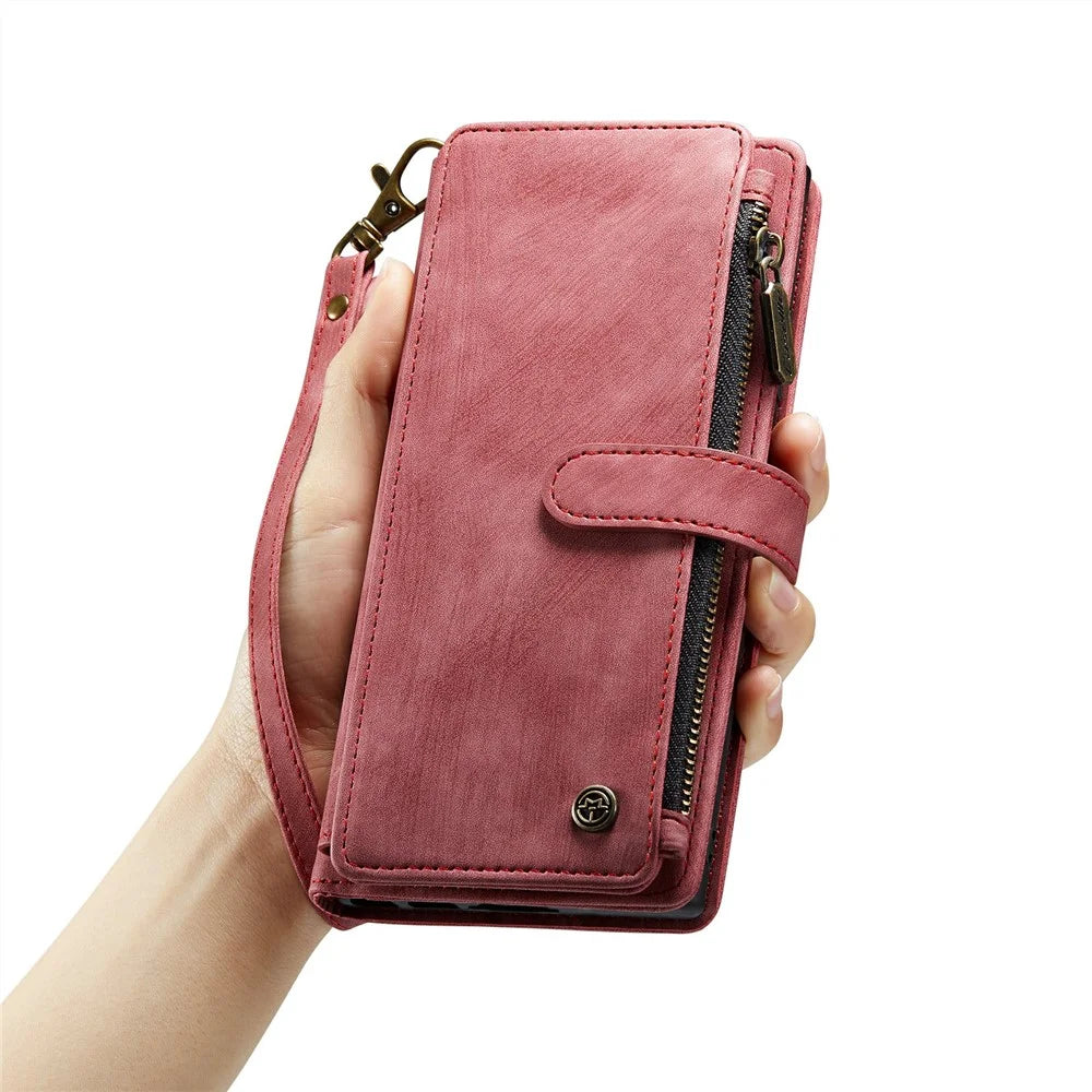 For Samsung Galaxy S24 Ultra Phone Cases with Strap CASEME C30 Zipper Multiple Card Holder PU Leather Cover - Red - 6