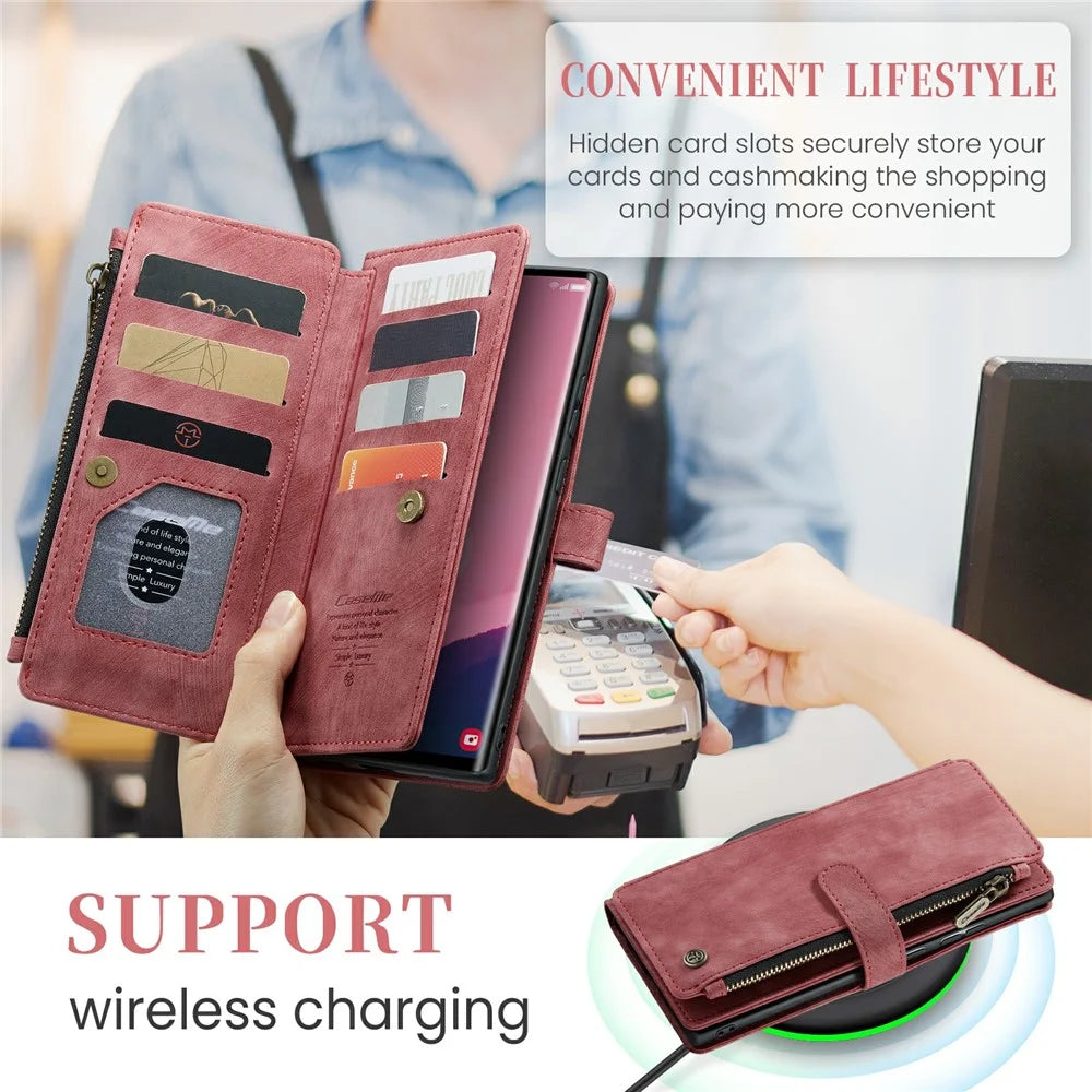 For Samsung Galaxy S24 Ultra Phone Cases with Strap CASEME C30 Zipper Multiple Card Holder PU Leather Cover - Red - 7