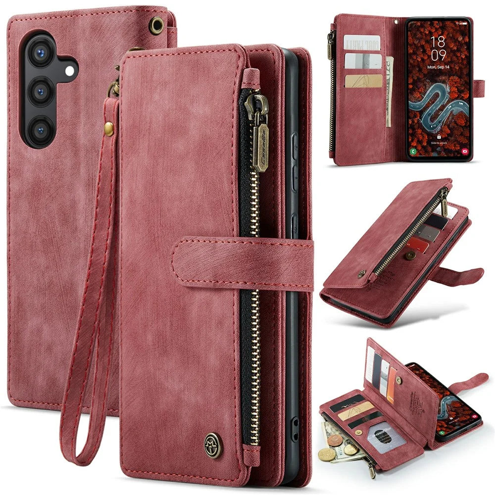 For Samsung Galaxy S24+ Phone Cases with Strap CASEME C30 Zipper Multiple Card Holder PU Leather Cover - Red - 1