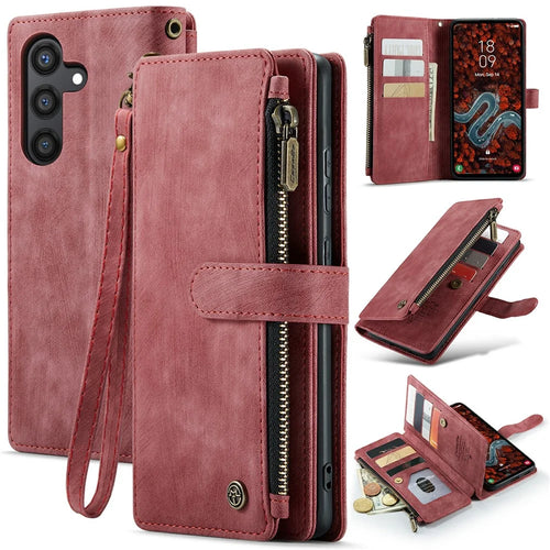 For Samsung Galaxy S24+ Phone Cases with Strap CASEME C30 Zipper Multiple Card Holder PU Leather Cover - Red - 1